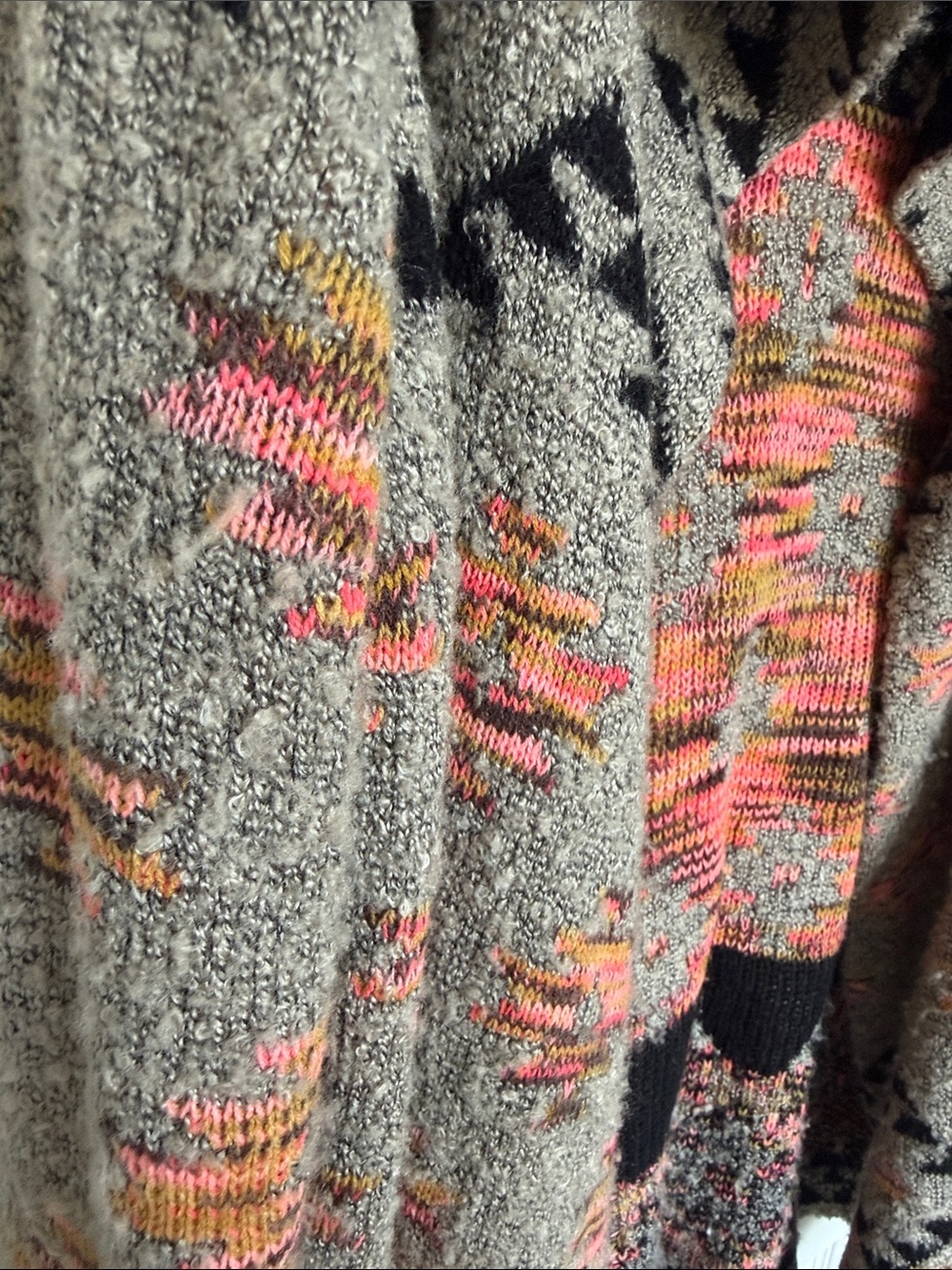 Cozy Aztec Open-Front Cardigan Sweater - Gray with Pink & Orange Accents - Picture 4 of 12
